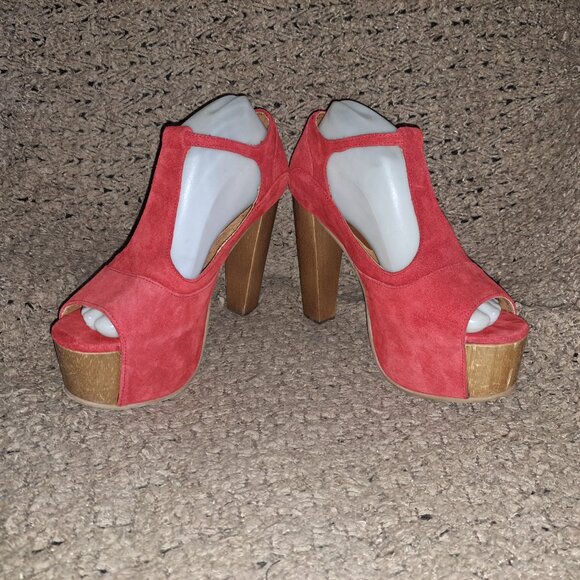 JEFFREY CAMPBELL-Foxy Wood Platform High Heel T-Strap-Red Suede-Sz39/9-Near Mint - Picture 4 of 8